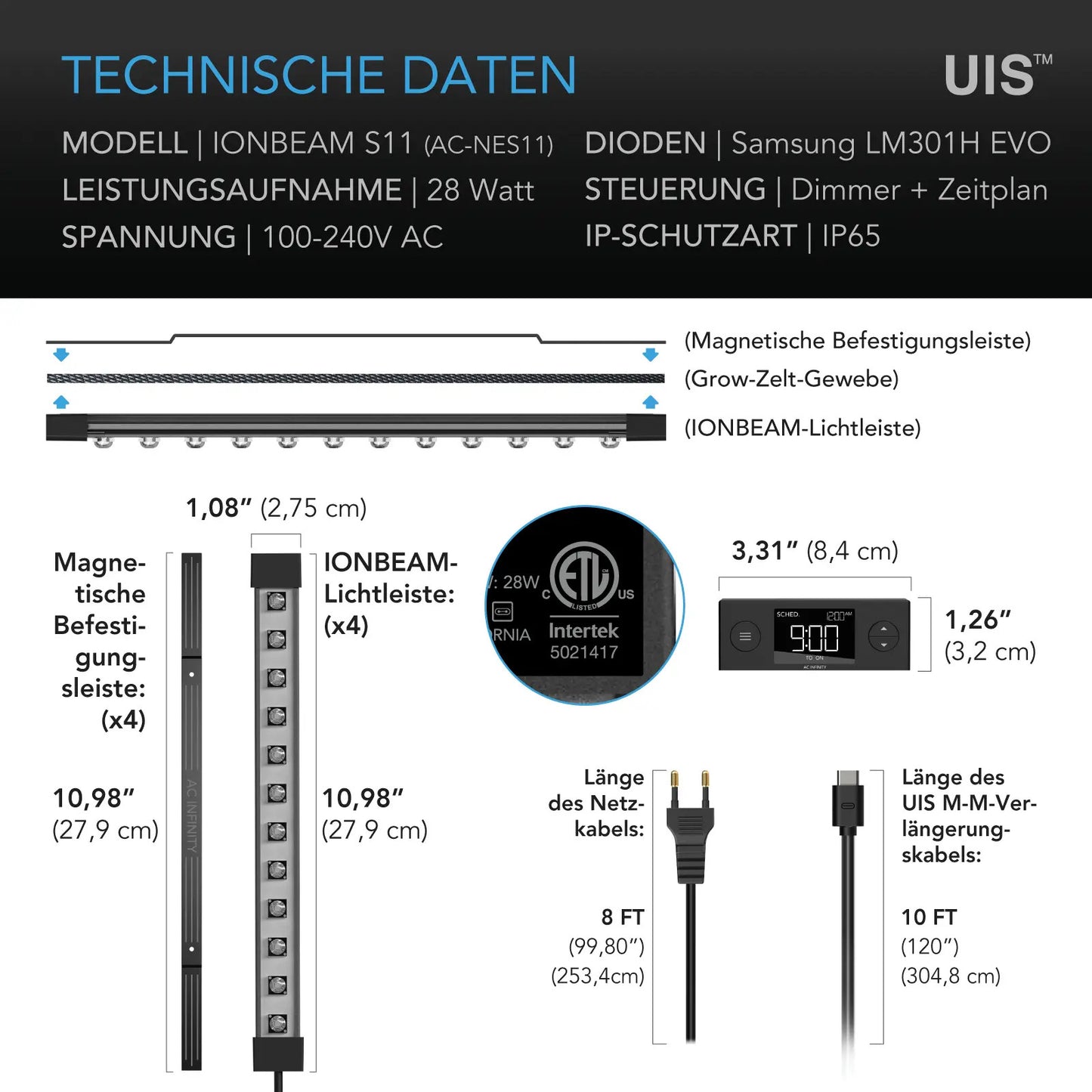 AC Infinity -  IONBEAM S11, Vollspektrum LED Leiste | 27,9cm